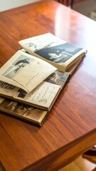 Obraz premium Vintage Photo Albums Stacked on a Wooden Table.