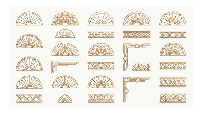 Art Deco architectural ornaments set, 24 gold geometric line vector elements, vintage decorative fan and border patterns for luxury branding