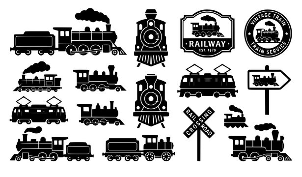 Vintage train icon vector old locomotive silhouette with smoke symbol