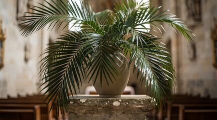 Fototapeta premium Green palm plant inside a historic church sanctuary.