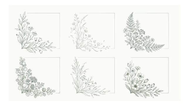 Hand drawn botanical corner frames, set of 6 floral square borders, elegant line art flower illustrations for wedding invitations and stationery