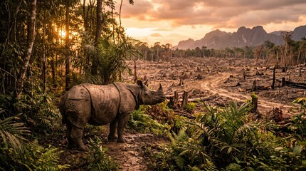 Fototapeta premium Endangered rhinoceros in deforested landscape at sunset