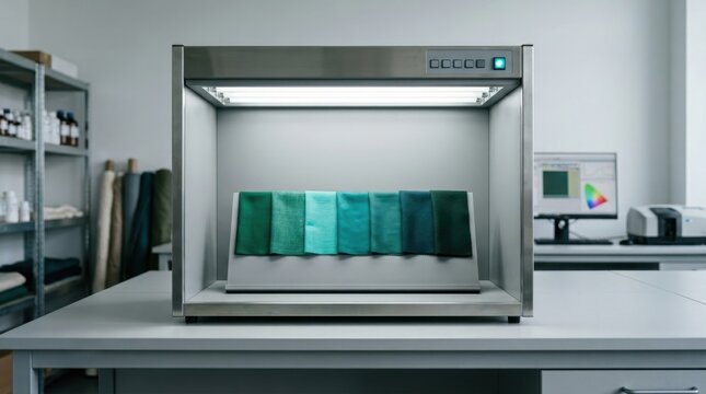 Color assessment cabinet with fabric samples in a textile laboratory
