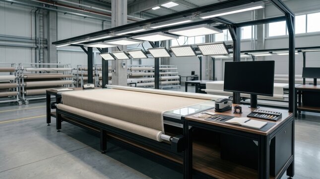 Industrial fabric inspection table with lighting and computer workstation