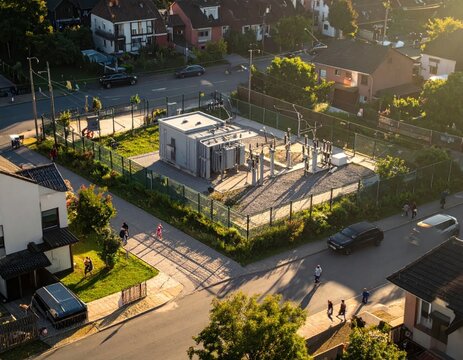 Overhead shot of an electrical substation, surrounded by residential houses