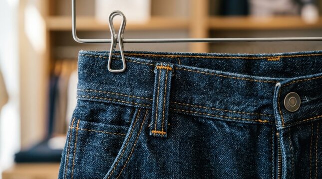 Closeup of the waistband and belt loop of dark blue denim jeans