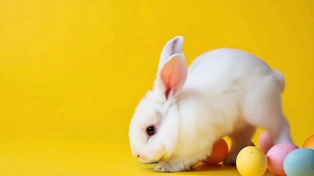 White rabbit sitting beside pastel colored easter eggs on a bright yellow background
