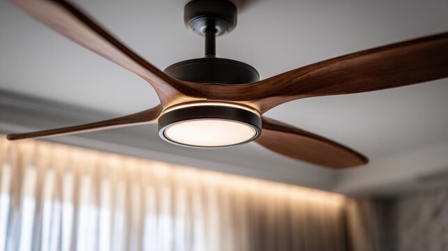 Low angle view of a modern ceiling fan with wooden blades and central light in a stylish room