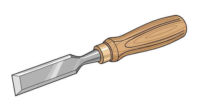 Woodworking flat chisel with wooden handle.