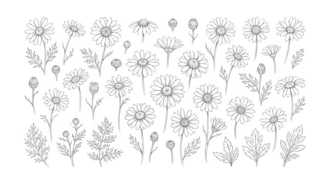 Vintage chamomile flower line art set, hand drawn botanical daisy sketches, floral vector collection for organic herbal tea packaging