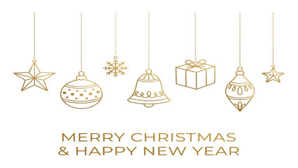 Christmas ornaments hanging on strings display a gold line art design for seasonal holiday greetings. © Adam