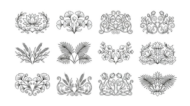 Elegant floral ornaments set, 12 decorative botanical line art icons, vintage symmetrical flower vignettes for wedding invitations and luxury branding