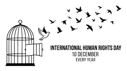 Birdcage with an open door releases a flock of birds to represent freedom and human rights. © Adam