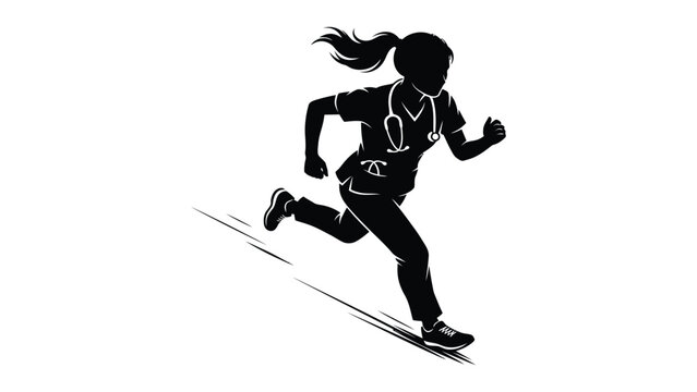 Nurse silhouette runs quickly while wearing a stethoscope to represent urgent medical emergency response.