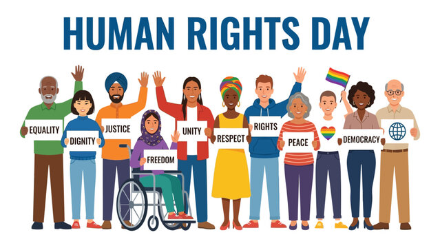 People of diverse backgrounds hold signs with positive words to celebrate Human Rights Day together.