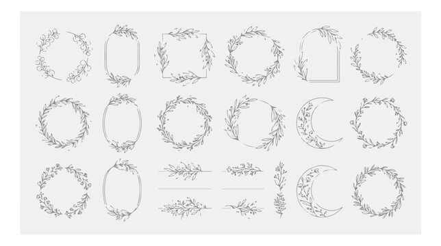 Elegant botanical frame collection, minimalist floral wreath set with 18 hand drawn vector elements, delicate leaf borders for wedding invitations