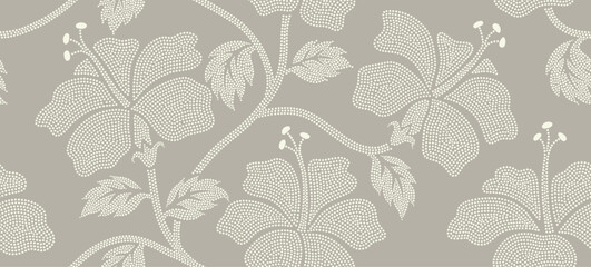 Obraz premium Tropical hibiscus flower seamless pattern with dotted style.