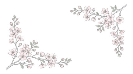 Elegant cherry blossom corner borders, delicate pink sakura floral branches vector, hand drawn spring flower frame elements for wedding invitations © HayeGareebi