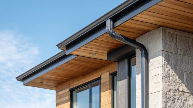 Modern house exterior featuring black gutters, wooden soffits, and stone cladding against a blue sky
