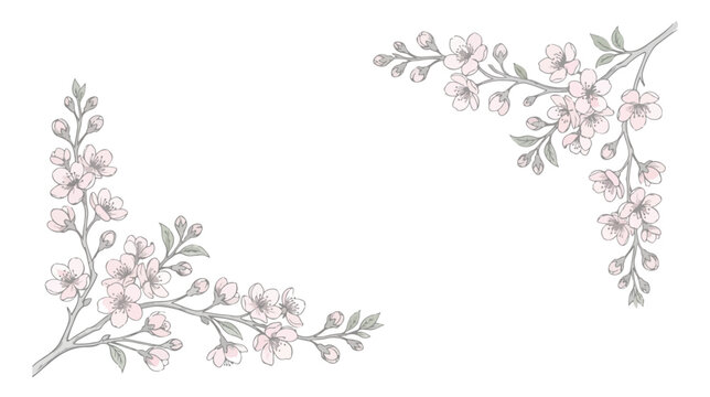 Elegant cherry blossom corner borders, delicate pink sakura floral branches vector, hand drawn spring flower frame elements for wedding invitations