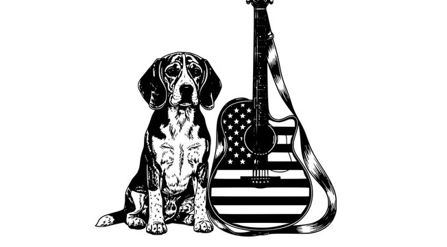Black and white drawing of a beagle dog sitting beside a guitar with american flag