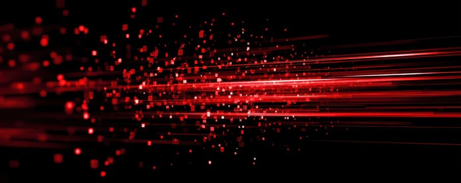 Abstract red digital light streaks with pixelated particles on black background.