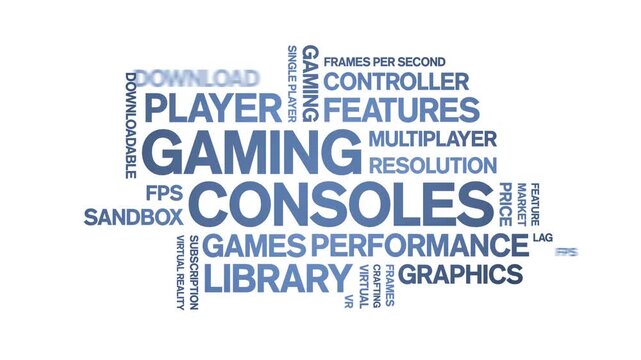 Gaming Consoles animated word cloud-gross domestic product animation tag kinetic typography seamless loop.
