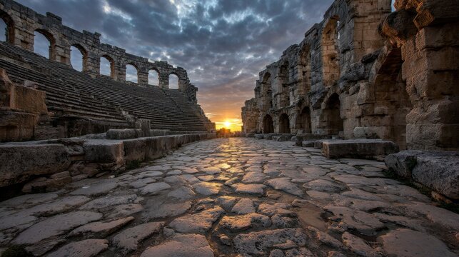 Ancient Roman ruins and amphitheater at sunset with cobblestone path