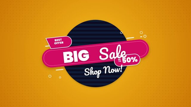 Animated big sale banner with up to 50 off on orange background