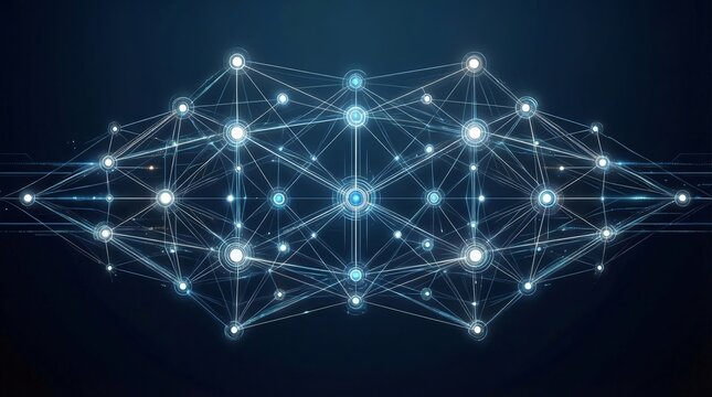 Neural Network Data Flow in Digital Brain with Glowing Blue Connections on Dark Background