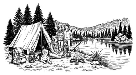 Naklejka premium Family camping adventure at lakeside with tent and dog line art adventure landscape