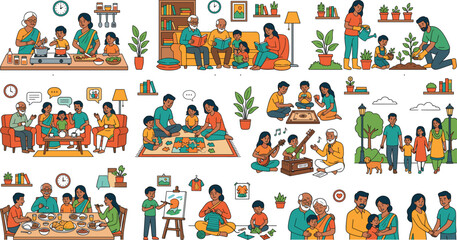 Naklejka premium Happy multi generational Indian family daily life routines and weekend leisure activities at home scene collection vector illustration