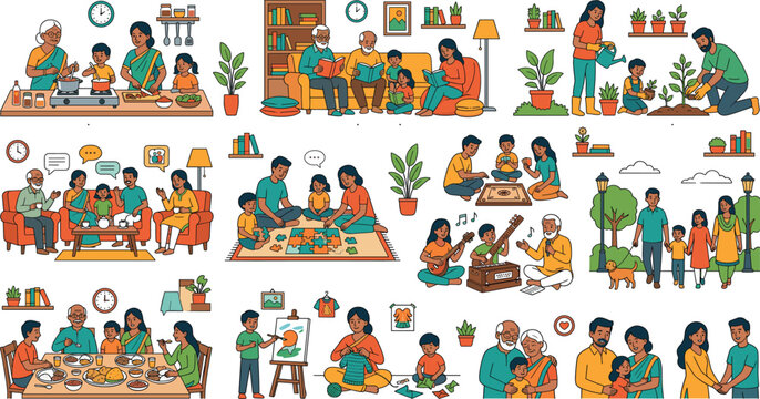 Happy multi generational Indian family daily life routines and weekend leisure activities at home scene collection vector illustration