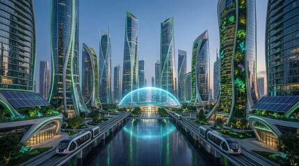 Fototapeta premium Futuristic Cityscape with Neon Lights and Skyscrapers at Dusk