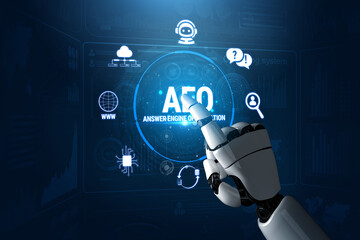 Obraz premium Futuristic Robotic Hand Interacting with Digital Answer Engine Optimization Interface on a High-Tech Background Fluxor.