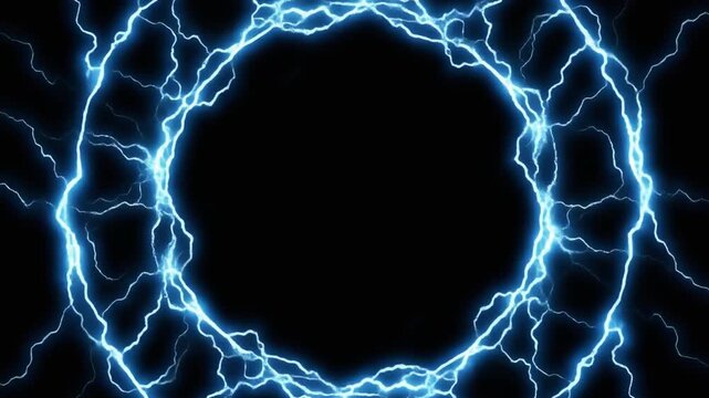 A dynamic motion graphic featuring expanding circular rings of glowing blue lightning and electricity