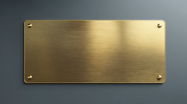 Brushed gold plaque nameplate with rivets mounted on a grey wall