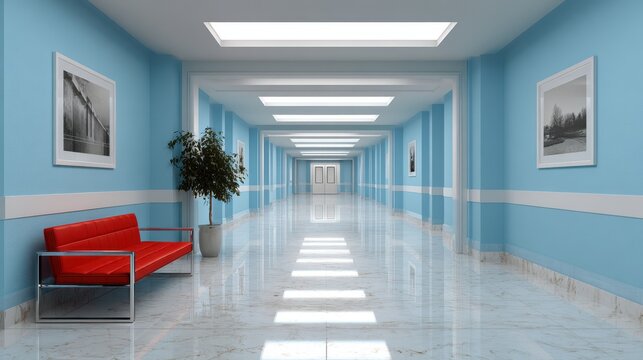 Modern empty hospital corridor with blue walls and a red leather sofa