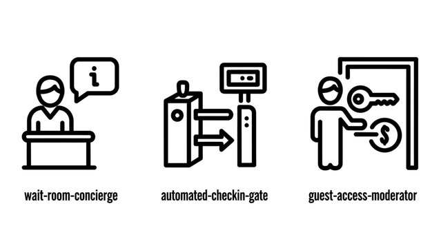 Hotel and hospitality management icons set including reception concierge automated check-in gate guest access control concierge hospitality reception automation security information