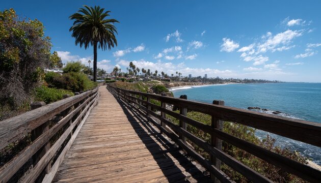 Wooden boardwalk path along the scenic coastline with a palm tree under a clear blue sky