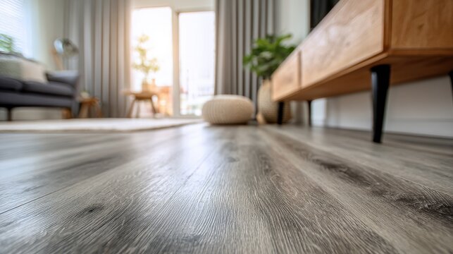 Modern interior living room with luxury grey wood laminate flooring and minimalist furniture