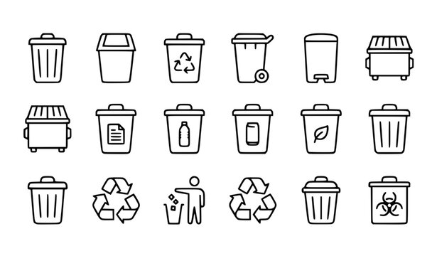 Trash Bin and Waste Management Thin Line Icon Set Vector EPS 10