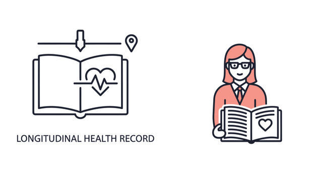 Longitudinal health record and medical patient tracking line art icon set with tracking information clinical diagnostic wellness treatment consultation analysis monitoring database physician