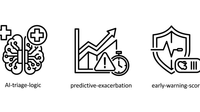 Ai triage logic predictive exacerbation early warning score icons with artificial intelligence plus sign predictive exacerbation analysis protection heartbeat dashboard technology graphics