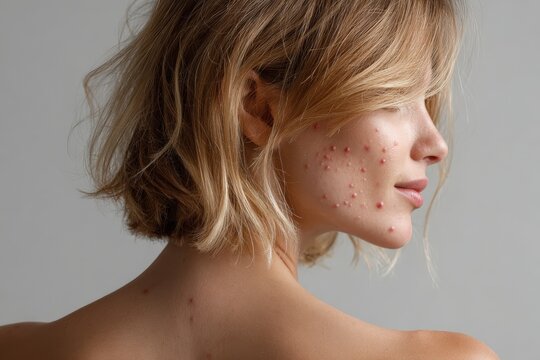 Female model with short blonde hair showing acne on her face and back, captured in a side profile against a neutral gray background