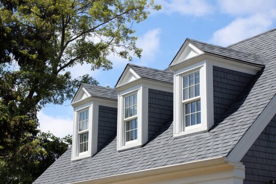 Three dormer windows on a grey shingled roof of a suburban home