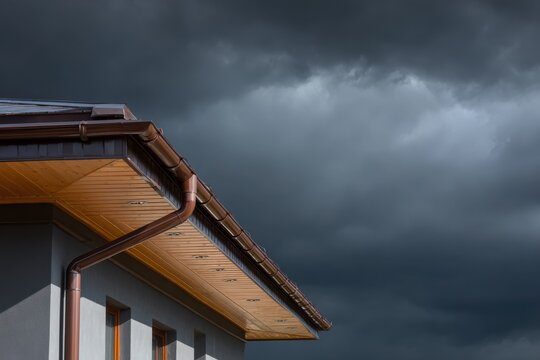 Close up of a house roof edge with rain gutters against a dark stormy sky