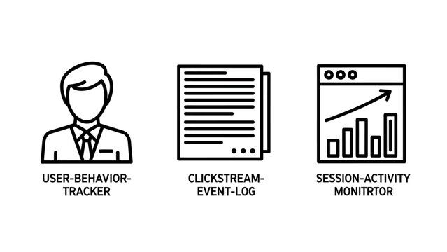 Set of user activity tracking icons featuring user behavior tracker clickstream event log and session activity monitor tracking behavior analytics clickstream activity business performance