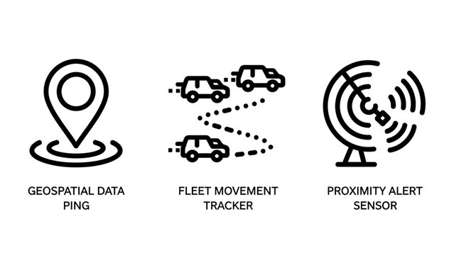 Set of geospatial and fleet management icons including location ping movement tracker proximity alert sensor geospatial tracking location movement navigation logistics transport business