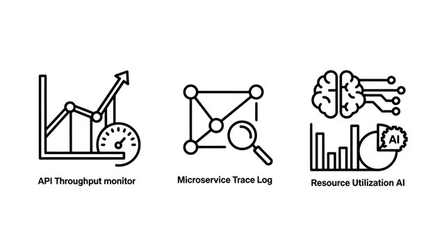 Api performance monitoring and microservice analytics icons with performance monitoring microservice analytics resource utilization intelligence computing development dashboard software